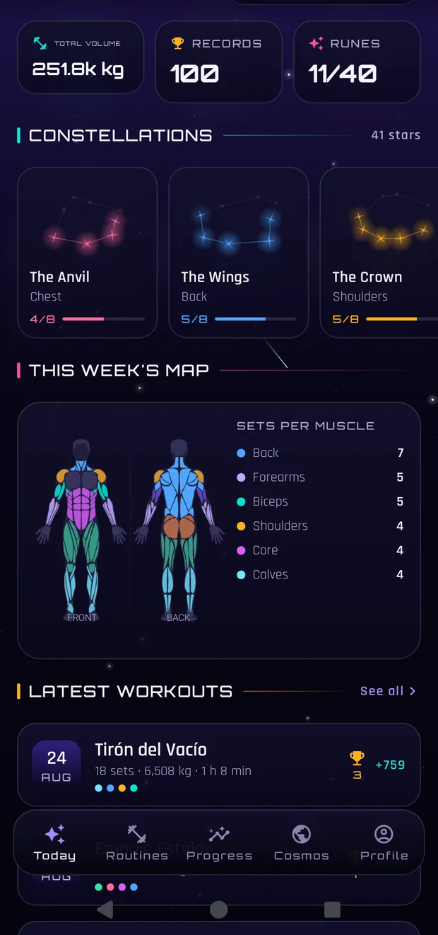 Novastra home screen with cosmic power and the weekly muscle map
