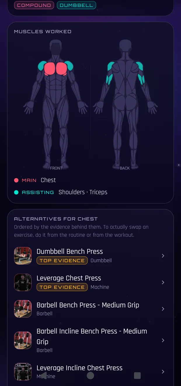 Exercise detail with the muscle map: chest in red, shoulders and triceps in cyan