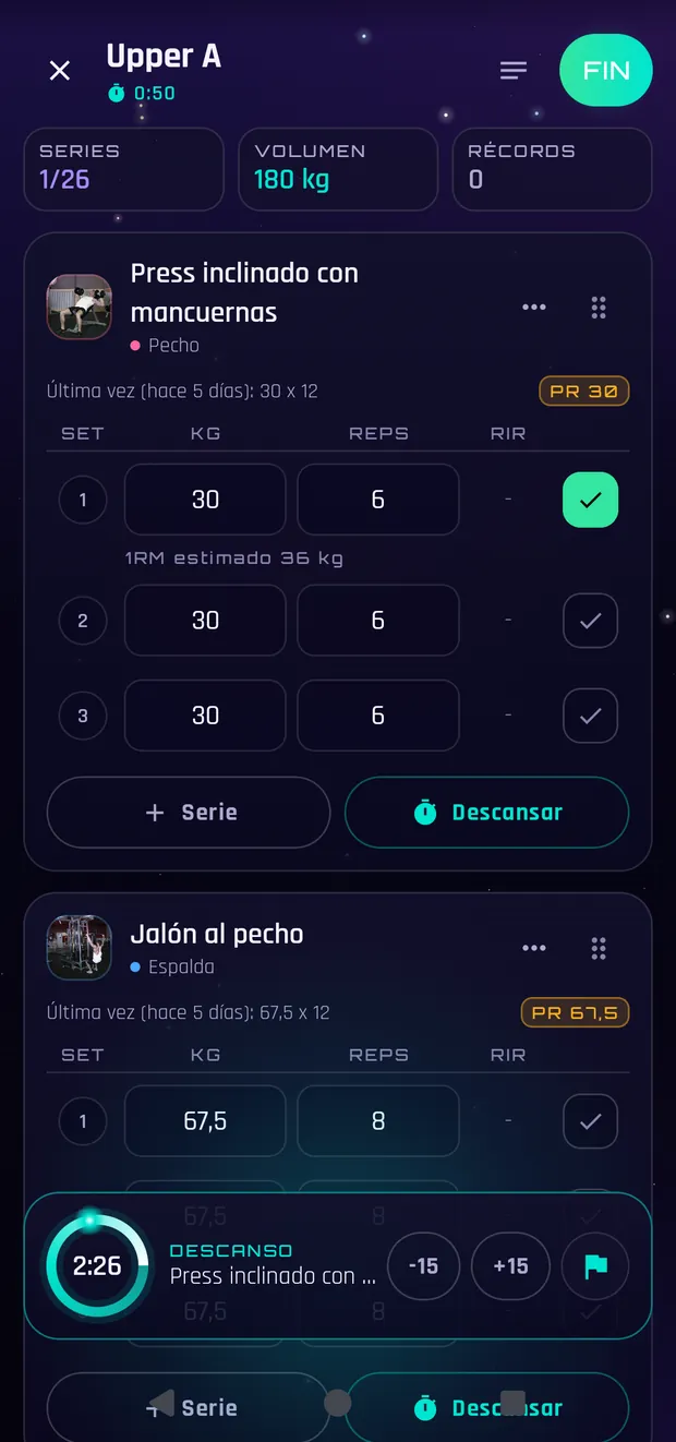 Registro de un entreno en Novastra con series, kilos y repeticiones