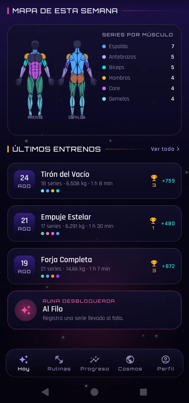 Pantalla de inicio de Novastra con el poder cósmico y el mapa muscular semanal